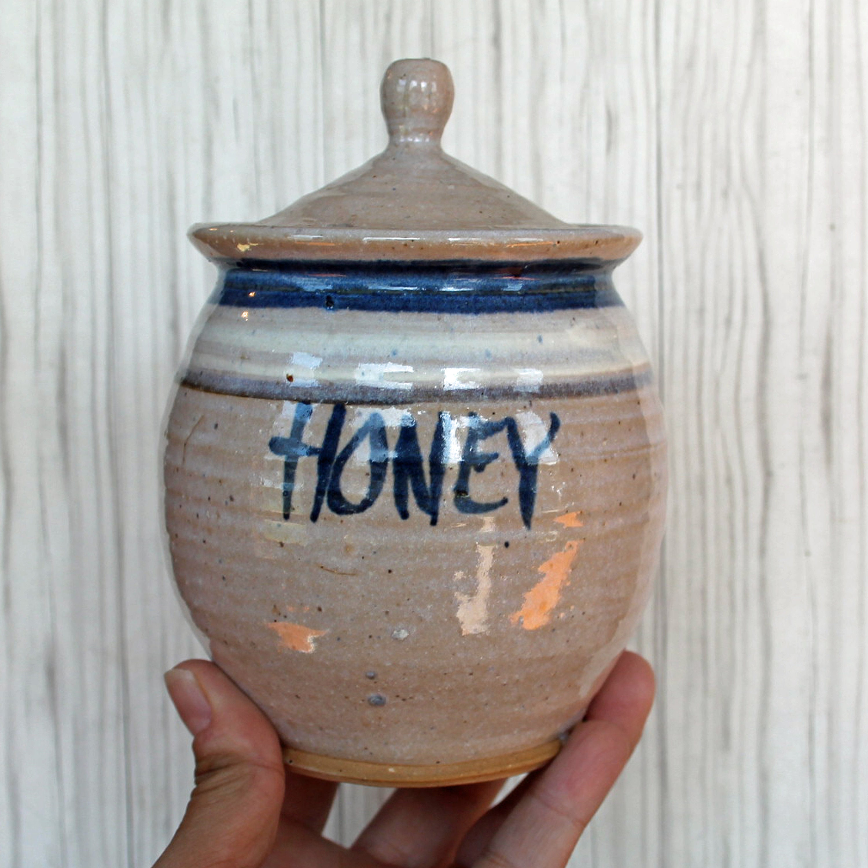 Vintage Dakota Stoneware Honey Pot Jar with Lid Grey Blue White Ceramic
