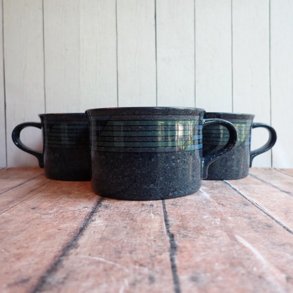 Vintage Mikasa Ultrastone RHYTHM and BLUES Blue Stoneware Cup Mug Set of 3 Blue with Modern Geometric Bands Stripes CU551 Japan
