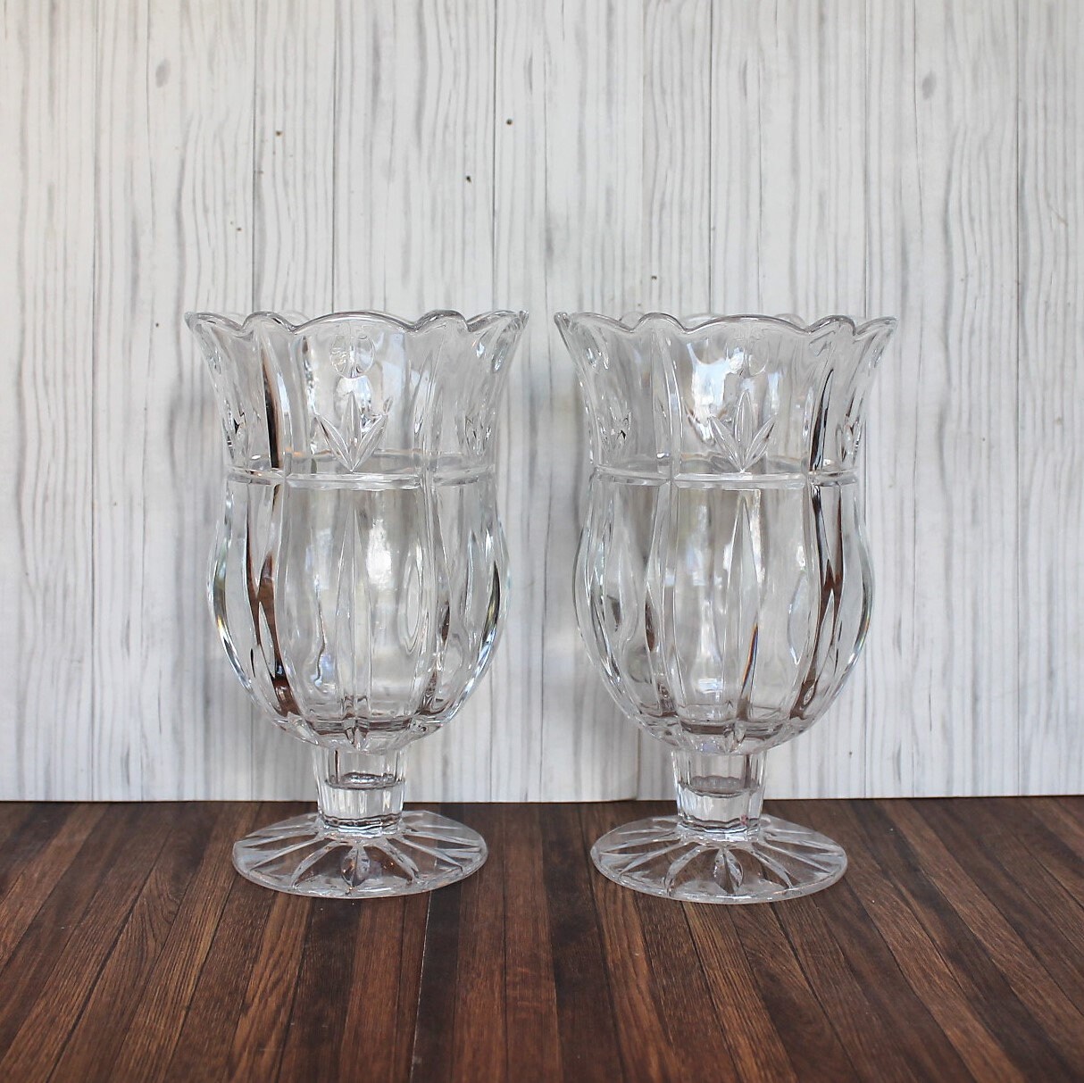 Vintage Block Crystal TULIP GARDEN Clear Glass Hurricane Vase Set of 2 Tall with Floral Flower