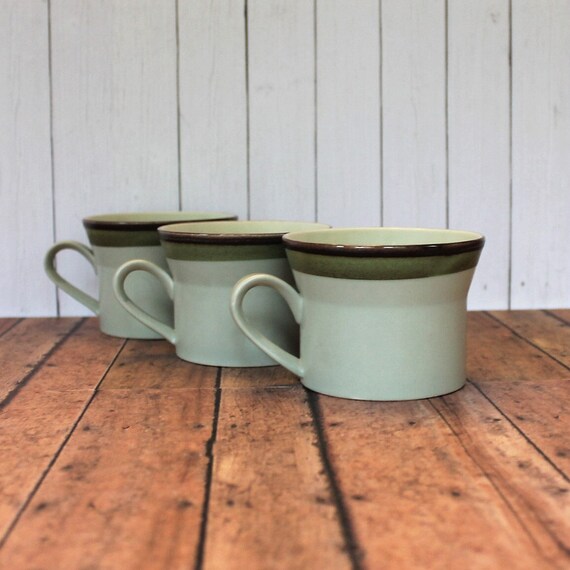 Vintage Mikasa StoneKraft SAHARA Stoneware Cup Set of 3 Light Green Celadon with Green and Brown Band