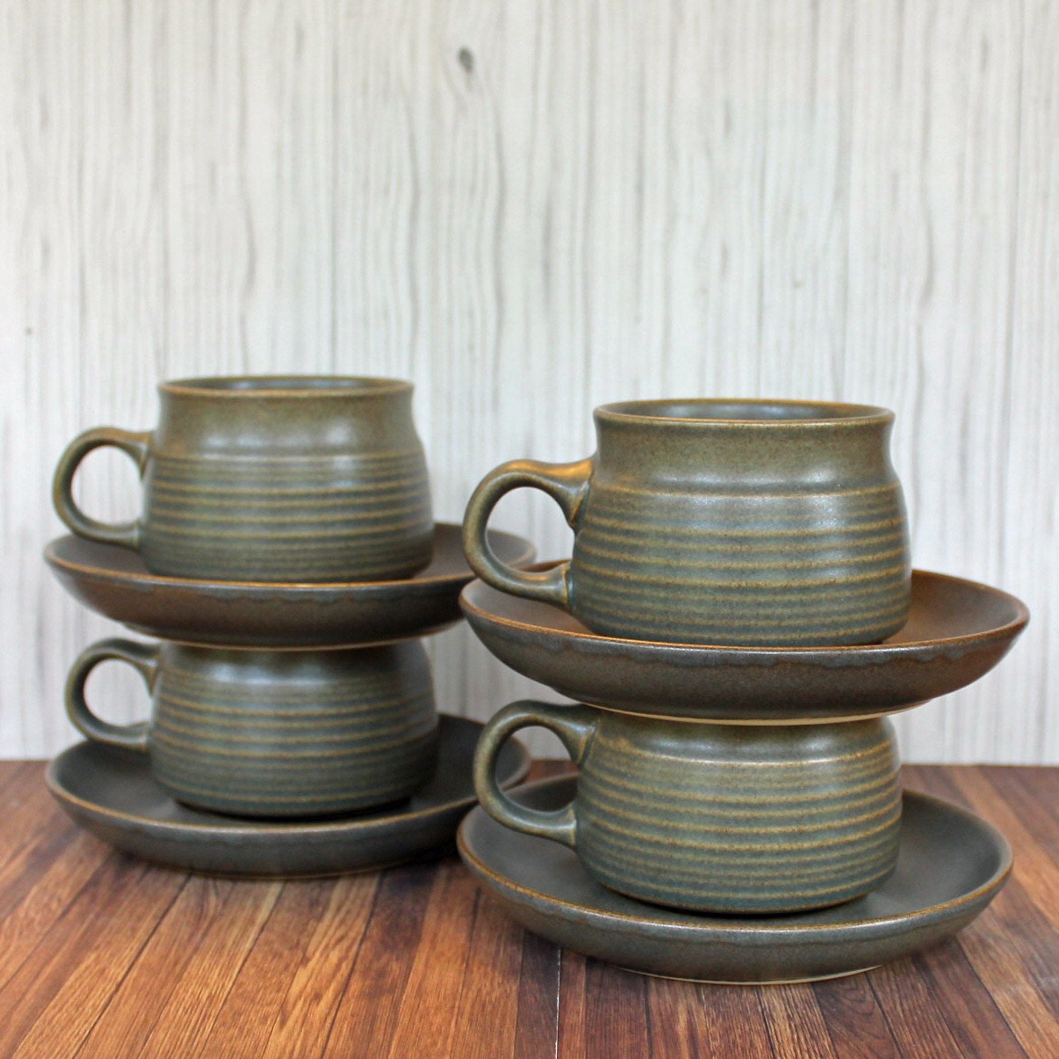 Vintage Denby Langley SHERWOOD Cup and Saucer Set of 4 Green Banded