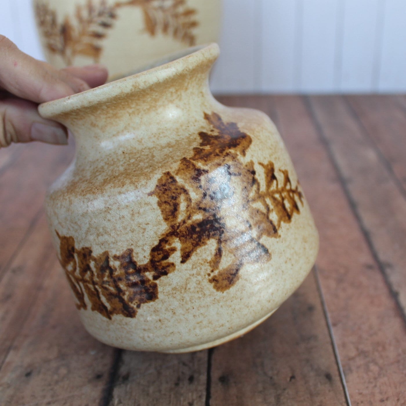 Vintage Pottery Craft USA Stoneware Vase Set of 2 Cream Yellow Tan Leaf