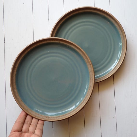 Vintage Noritake MADERA SPRUCE 8" Salad Plate Set of 2 Plates Tan and Blue 1990s Modern Stoneware