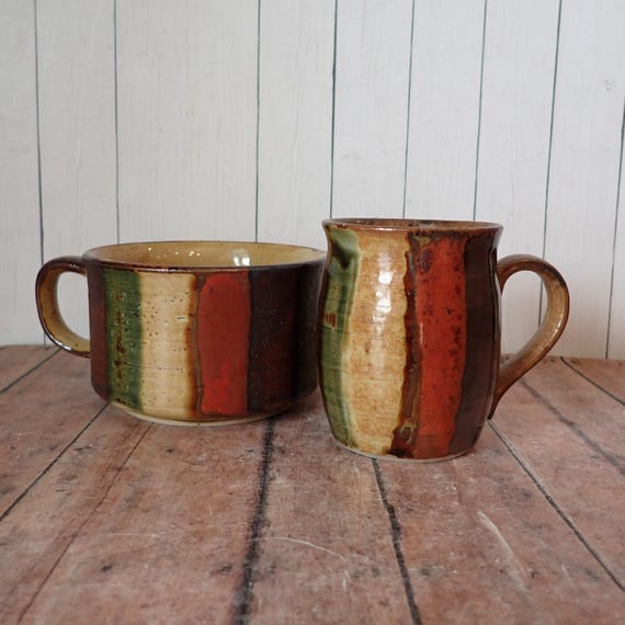 Vintage Otagiri Style Stoneware Mug and Soup Mug Bowl with Handle Set of 2 Matching Tan Green and Brown Red Banded Striped Design
