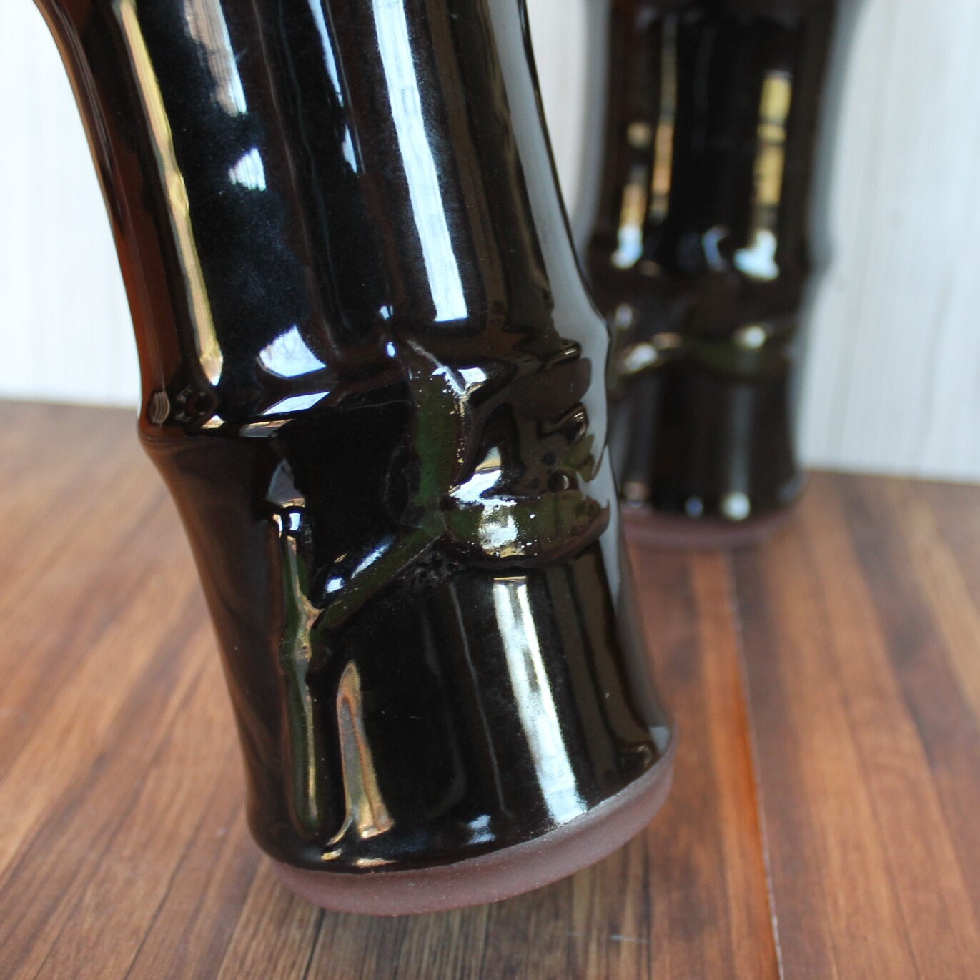 Vintage Ceramic Bamboo Pattern Vase Set of 2 Matching Vases Black with Faux Bamboo Wood Texture