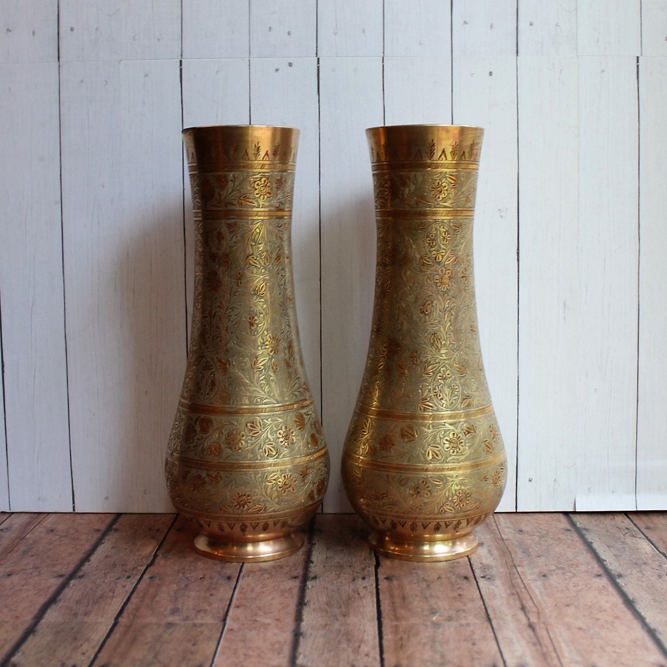 Vintage Brass Vase Set of 2 Matching Large 10 Brass Vases with Etched