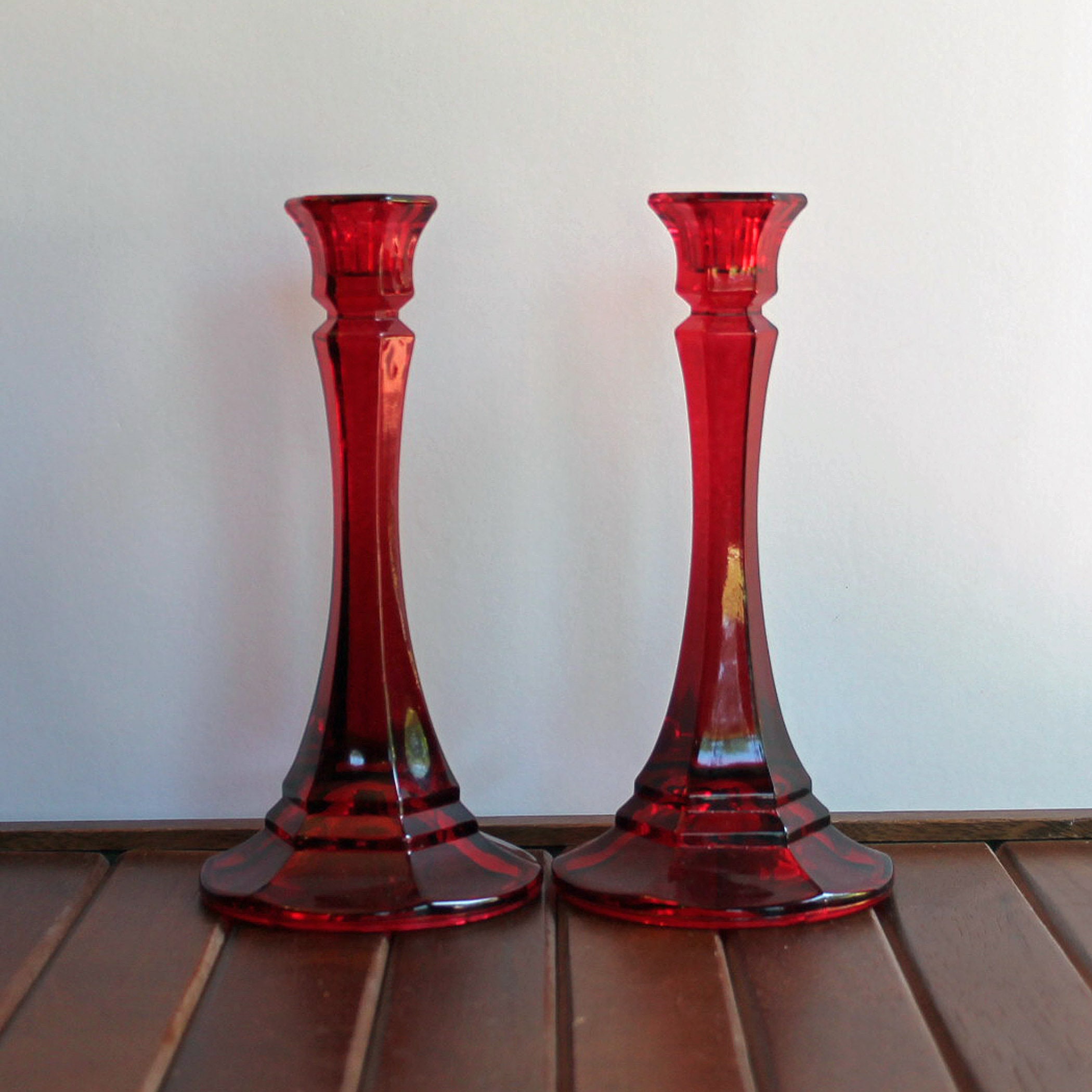 Vintage Indiana Glass 7.5 Red Candlestick Holders Pair Set of 2 Candle