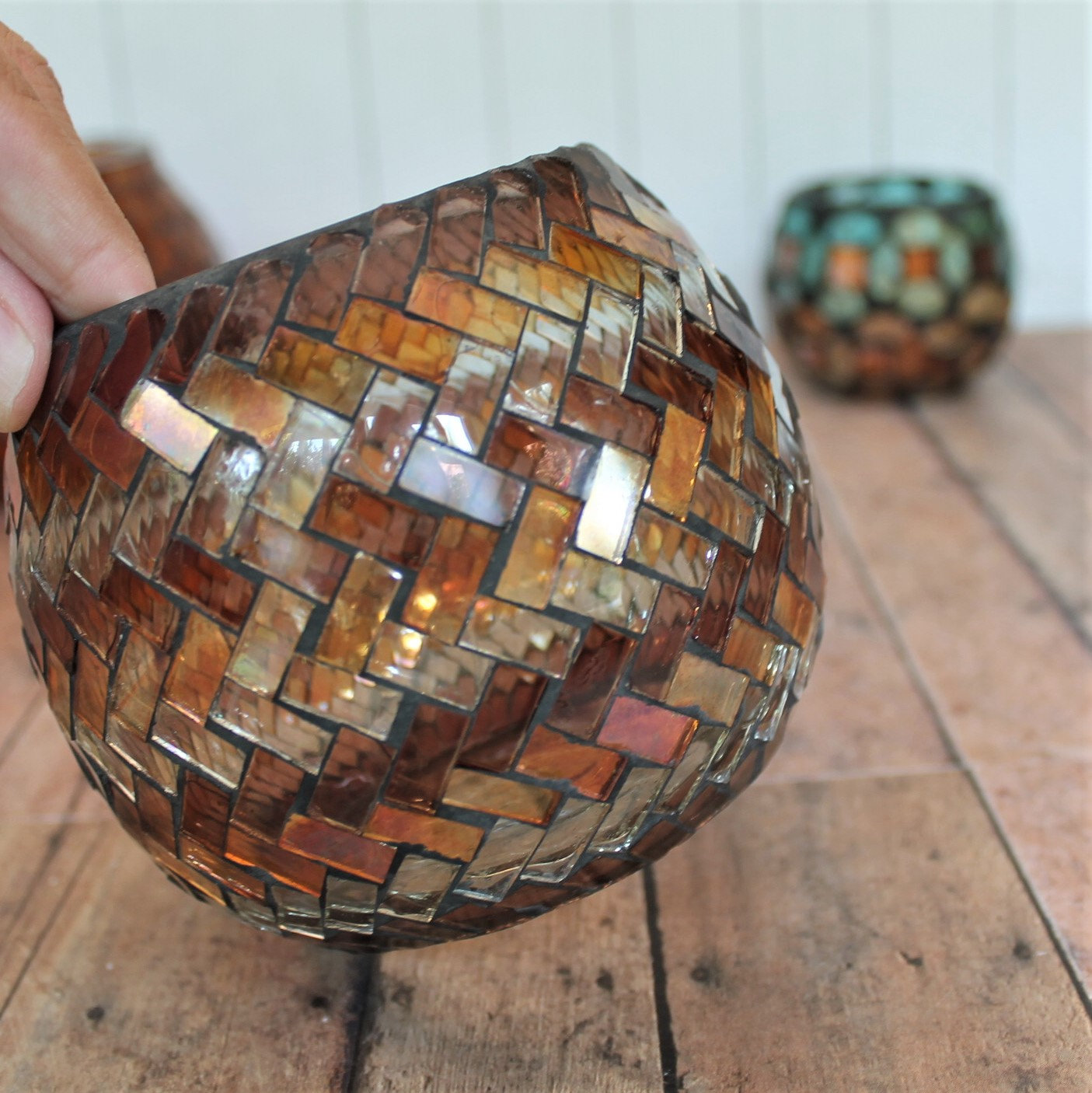 Vintage Glass Hurricane Mosaic Candle Holder Set of 3 Amber Gold Blue Votive or Pillar Candle Holder