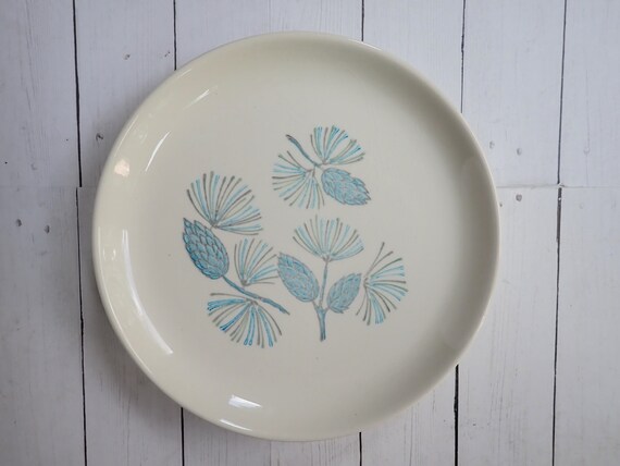 Vintage Marcrest Stetson BLUE SPRUCE Bread and Butter Plates Set of 4 White with Blue Pinecones and Evergreen Pine Needles