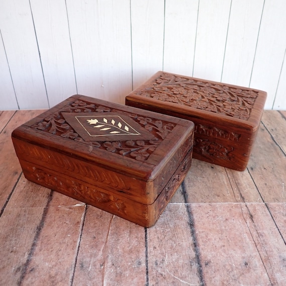 Vintage Carved Wood Jewelry Trinket Box Set of 2 with Etched Floral Flower Design Hinged Top Made in India