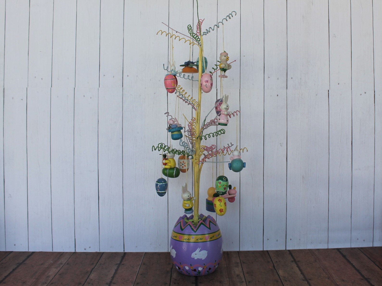 Vintage Easter Ornament Tree with 18 Miniature Wooden Ornaments Eggs