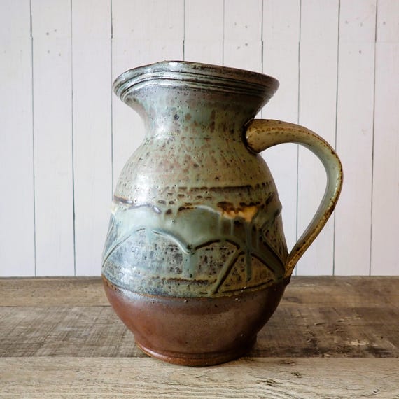 Vintage Studio Pottery Blue and Brown Glazed Stoneware Pitcher with Drip Glaze