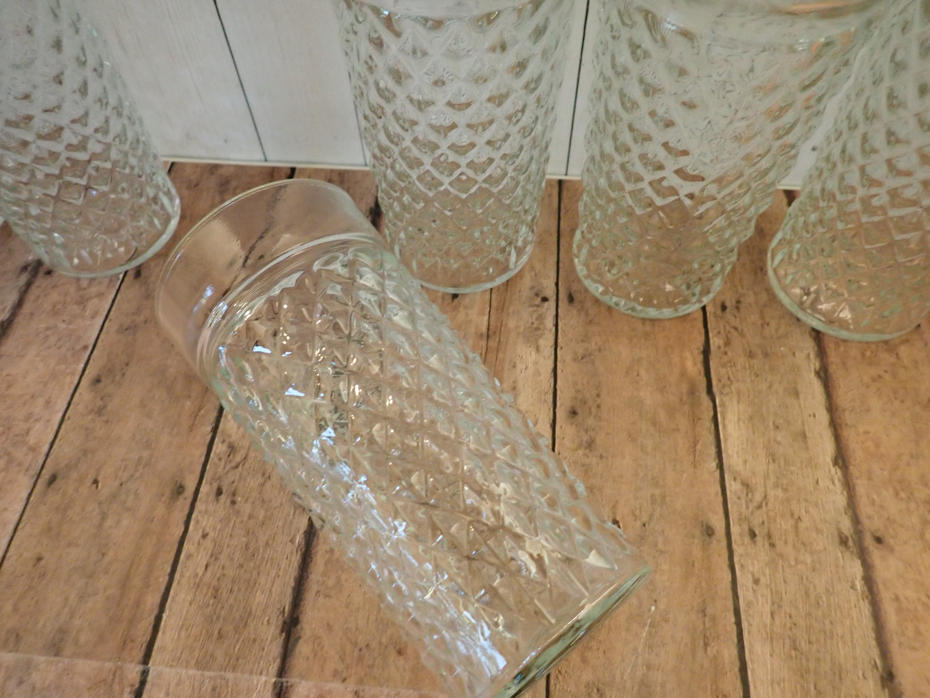 Vintage Clear Jelly Jar Tumblers Set of 8 with Diamond Pattern 12 oz