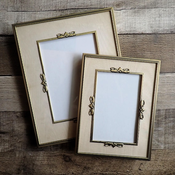 Vintage 8x10 and 5x7 Brass Gold Photo Picture Frame Set of 2 Frames Metal and Cloth with Flower Design