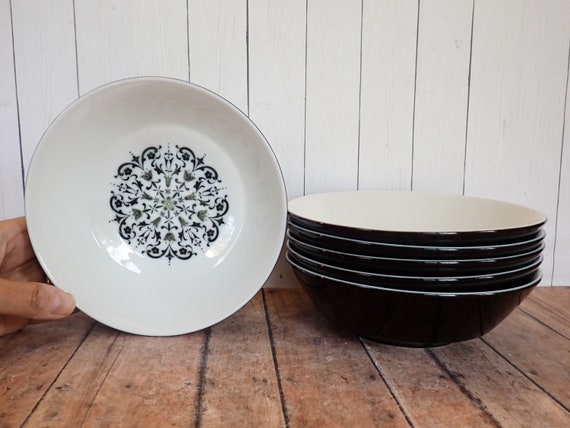 Vintage Sears and Roebuck METEOR Coupe Cereal Bowls Set of 6 White with Black and Gray Floral Scroll Design Mid Century Modern China 1960s