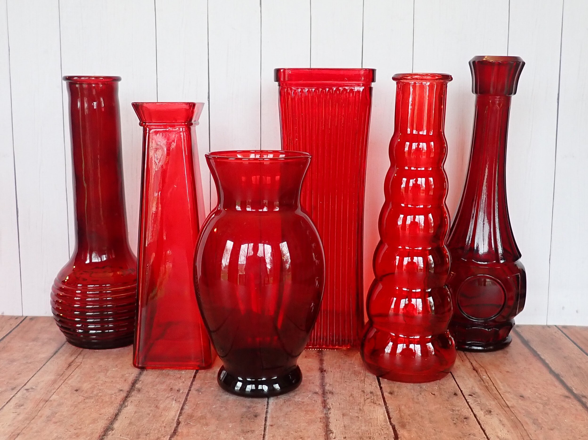 Vintage Red Glass Vase Set of 6 All Different Pattern Wedding Vases Mismatched Mix and Match Vases