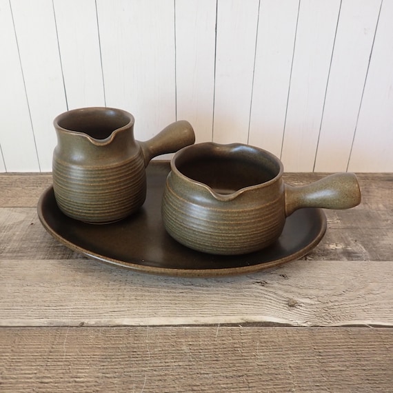 Vintage Denby Langley SHERWOOD Serving Set of 3 Oval Platter Creamer Gravy Boat Green Ribbed Stoneware