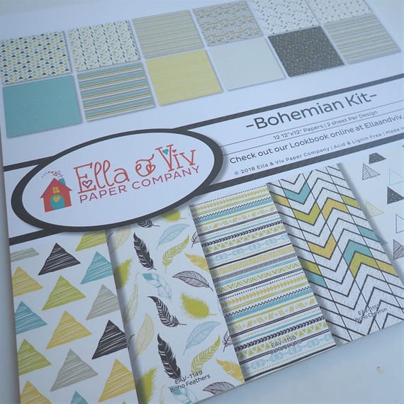 Ella and Viv BOHEMIAN 12x12 Scrapbook Paper Set of 24 Sheets Tribal Southwest Native Theme Leaf Mountain Tree Chevron Arrow Designs