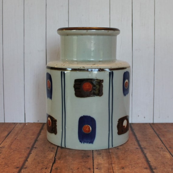 Vintage Stoneware Crock Style Vase White with Blue and Brown Geometric Squares and Dots Otagiri Style