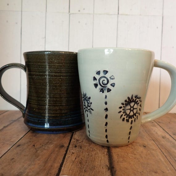 Vintage Blue Stoneware Pottery Mug Coffee Cup Set of 2 Blue and Rustic Mugs Signed Kerr and Behr