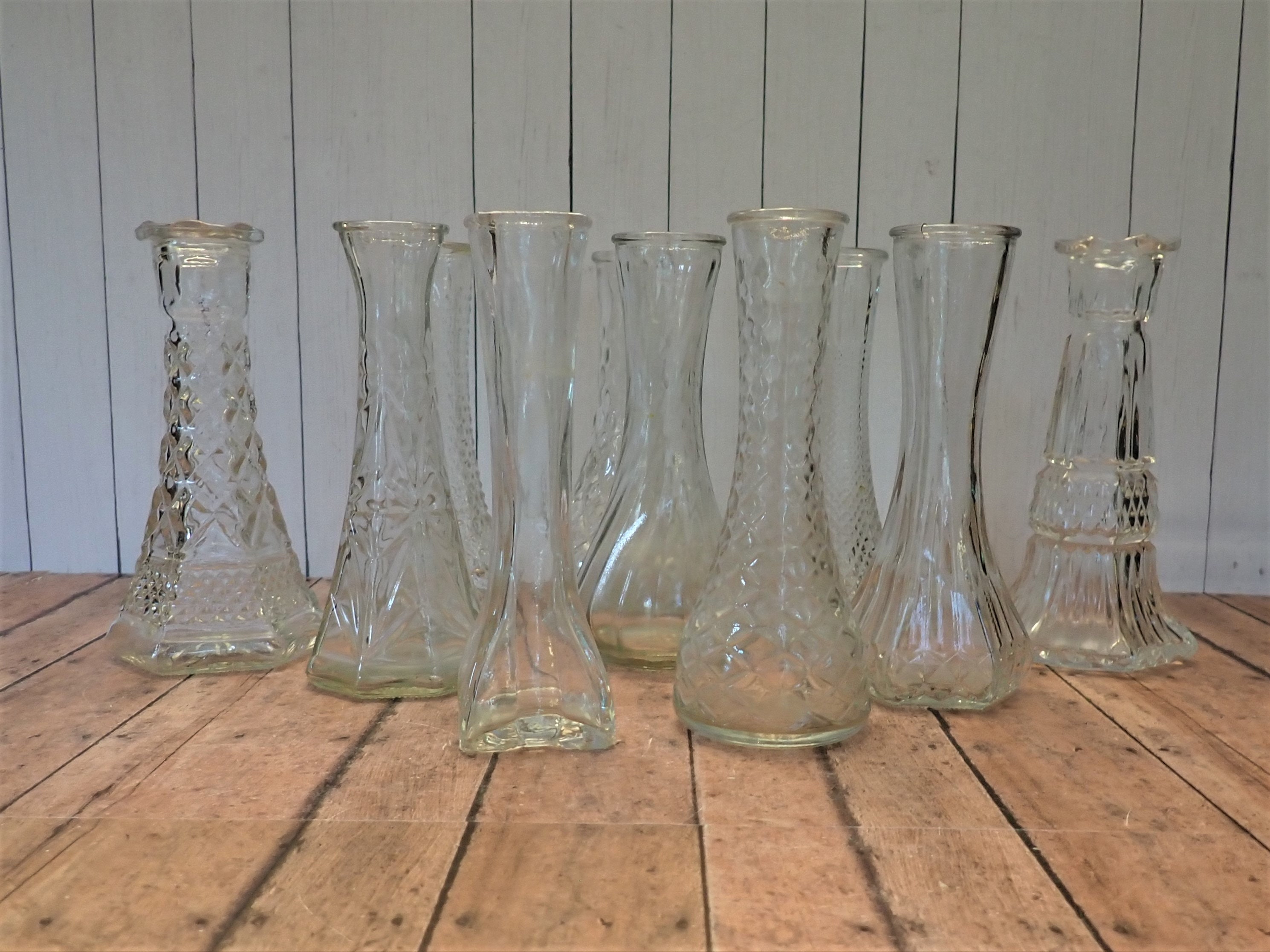 Vintage Clear Glass Bud Vase Set Of 10 Vases All Different Patterns Wedding Vases