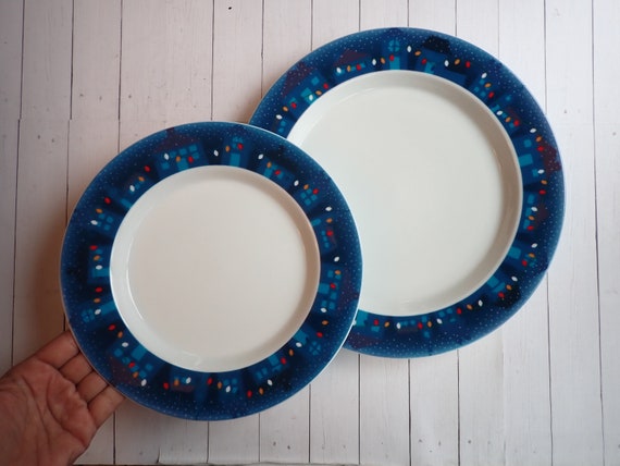 Vintage Dansk VILLAGE LIGHTS Dinner Plate and Salad Plate Set of 2 White and Blue Christmas Winter Plate with Houses and Lights