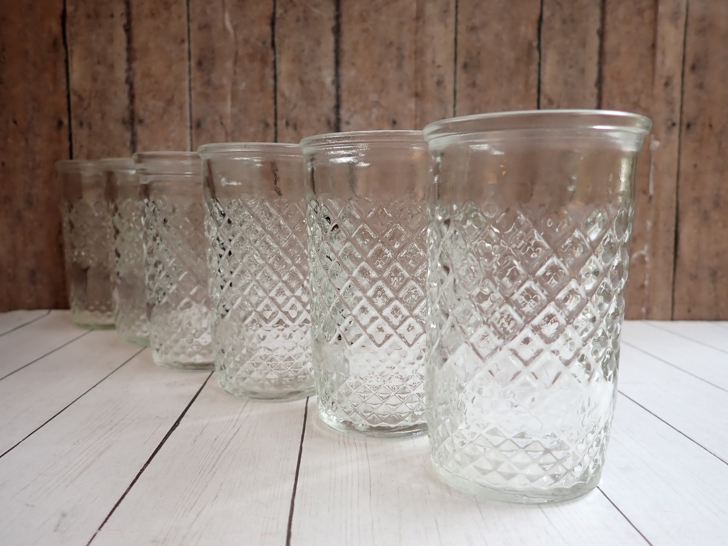 Vintage Jelly Jar Juice Glasses Small Tumblers Set of 6 Diamond Design