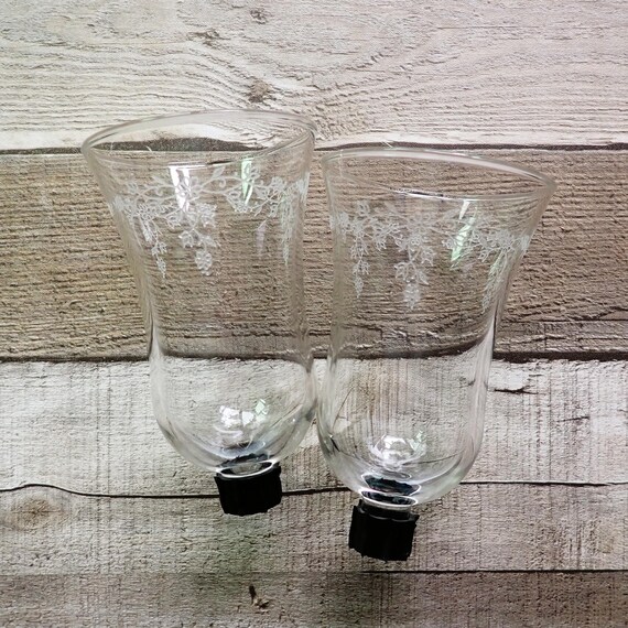 Vintage Large Clear Glass Votive Candle Cup Set of 2 with Etches Flower and Leaf Design for Wall Sconce or Candlestick Holder