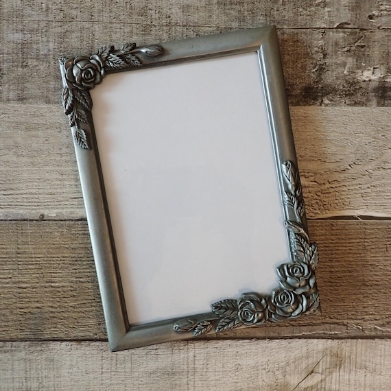 Vintage Pewter Silver Metal 5x7 Picture Photo Frame Rose Flower and Leaf Design 5" x 7" Size
