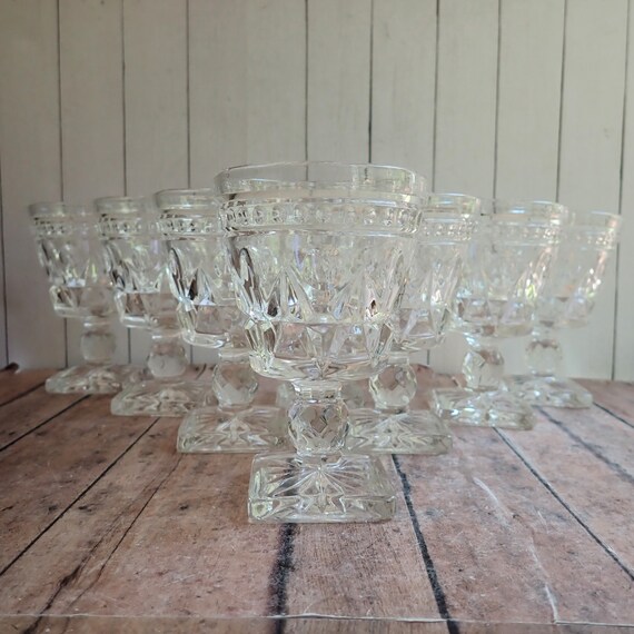 Vintage Indiana Glass Colony PARK LANE Clear 4" Wine or Juice Glass Goblet Set of 8 Glasses Mid Century Glassware
