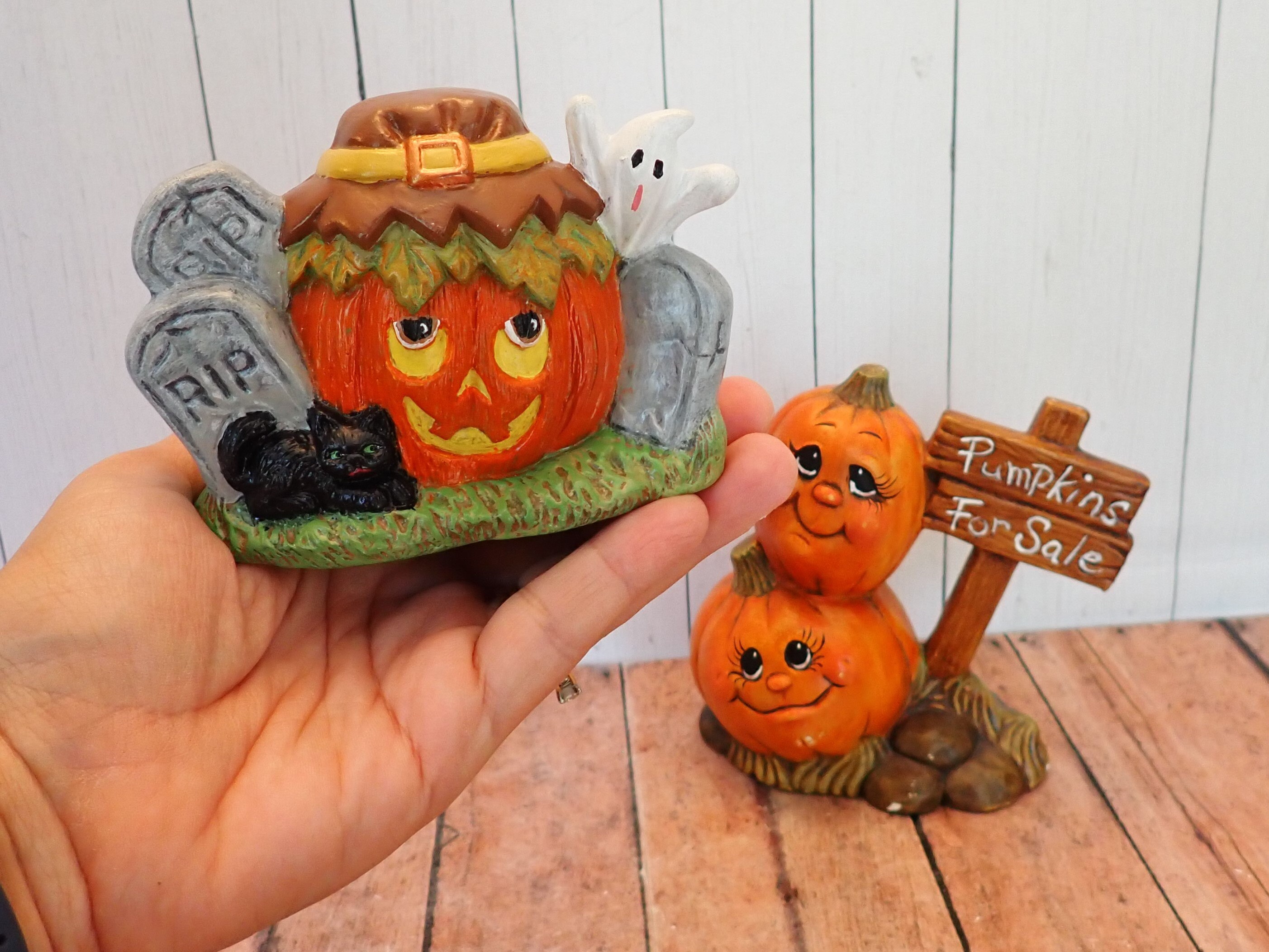 Vintage Ceramic Halloween Figurine Set of 2 Pumpkin Jack O Lantern