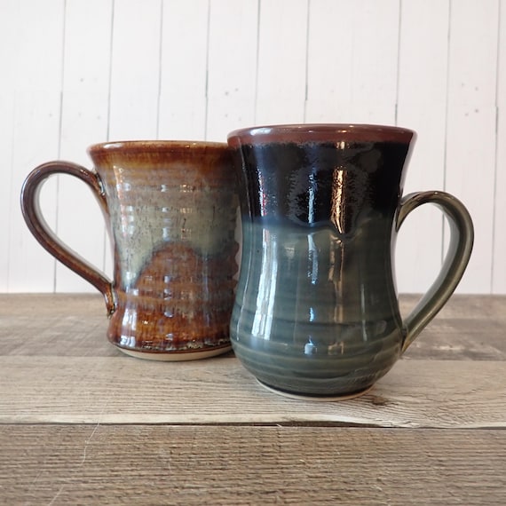 Vintage Blue Stoneware Pottery Mug Coffee Cup Set of 2 Blue and Rustic Mugs