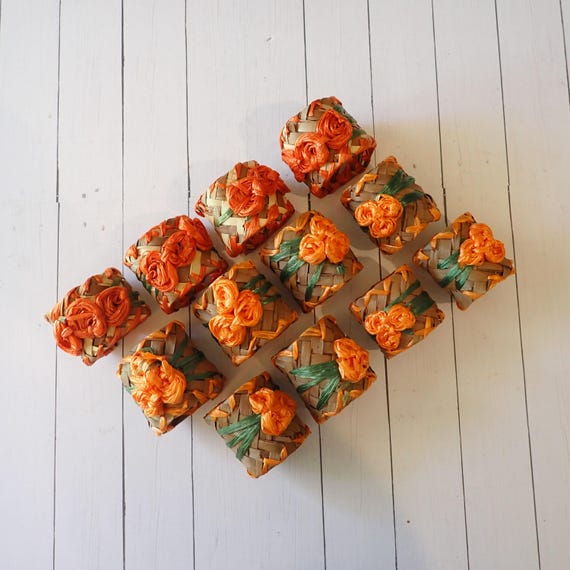 Vintage Woven Straw Raffia Napkin Rings Set of 12 with Flower Design