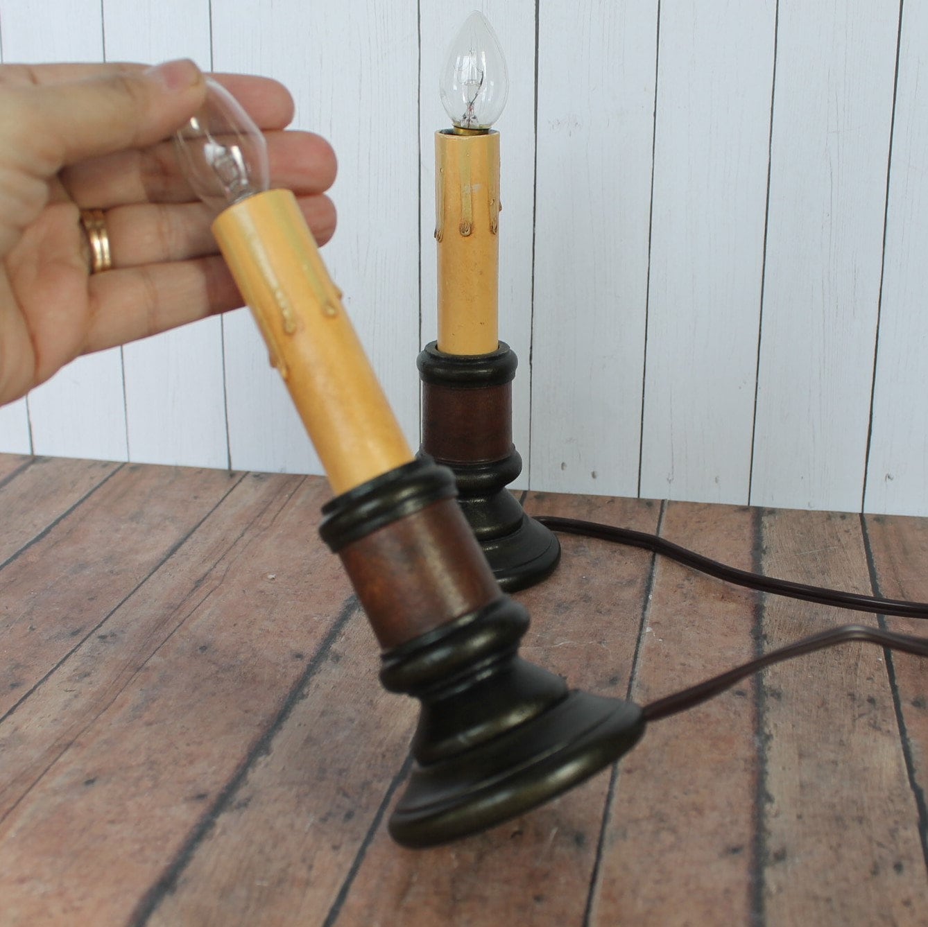 Vintage Electric Candlestick Lamp with Wooden Spool Base Americana Folk Art