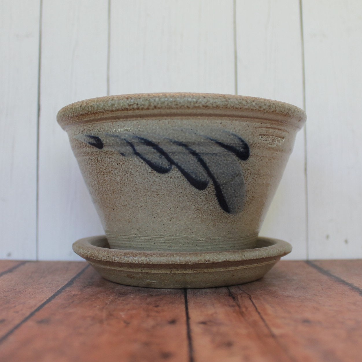 Vintage Wisconsin Pottery Stoneware Planter Gray and Blue Salt Glazed