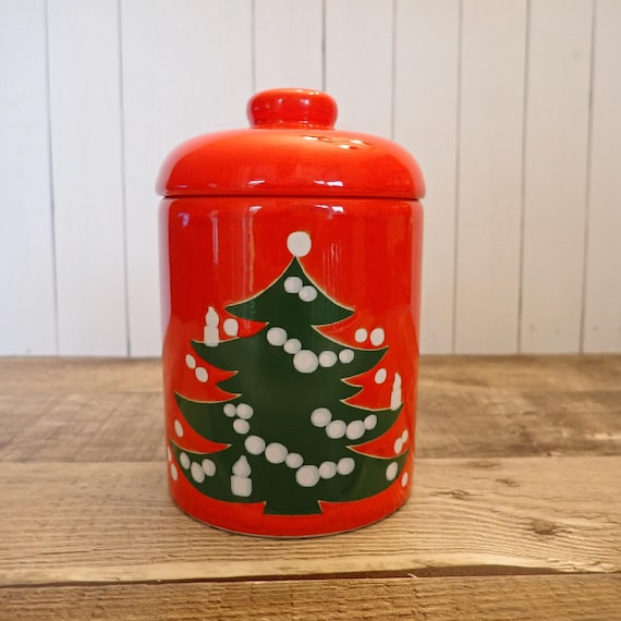 Vintage WAECHERSBACH Christmas Small Canister with Lid Red Ceramic with Green and White Tree Made in Germany