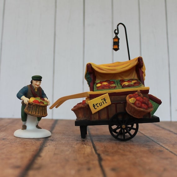 Vintage Dept. 56 Heritage Village Collection Chelsea Market Fruit Monger and Cart Figurine Accessory Set of 2 5813-0 with Original Box