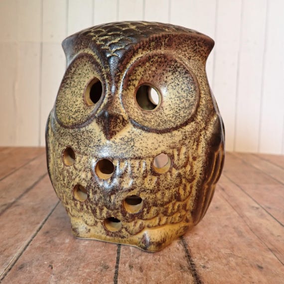 Vintage Stoneware Owl Tealight Votive Candle Holder Luminary Lantern Brown Ceramic Owl Figurine Candleholder Mid Century Modern