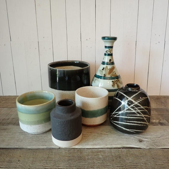 Vintage Mismatched Stoneware Planter and Vase Set of 6 White Black and Green Patterns Mix and Match Set