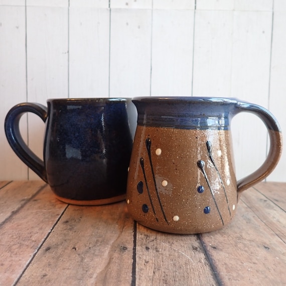 Vintage Stoneware Pottery Mug Coffee Cup Set of 2 Handmade Blue Beige Tan Rustic Mugs