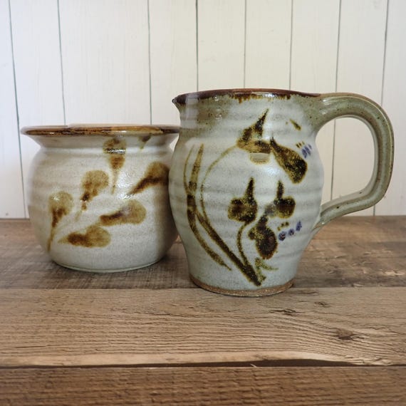 Vintage Peggy Ahlgren Wilson Creek Pottery Stoneware Sugar Bowl and Creamer Set of 2 Gray and Brown Hand Made Studio Pottery