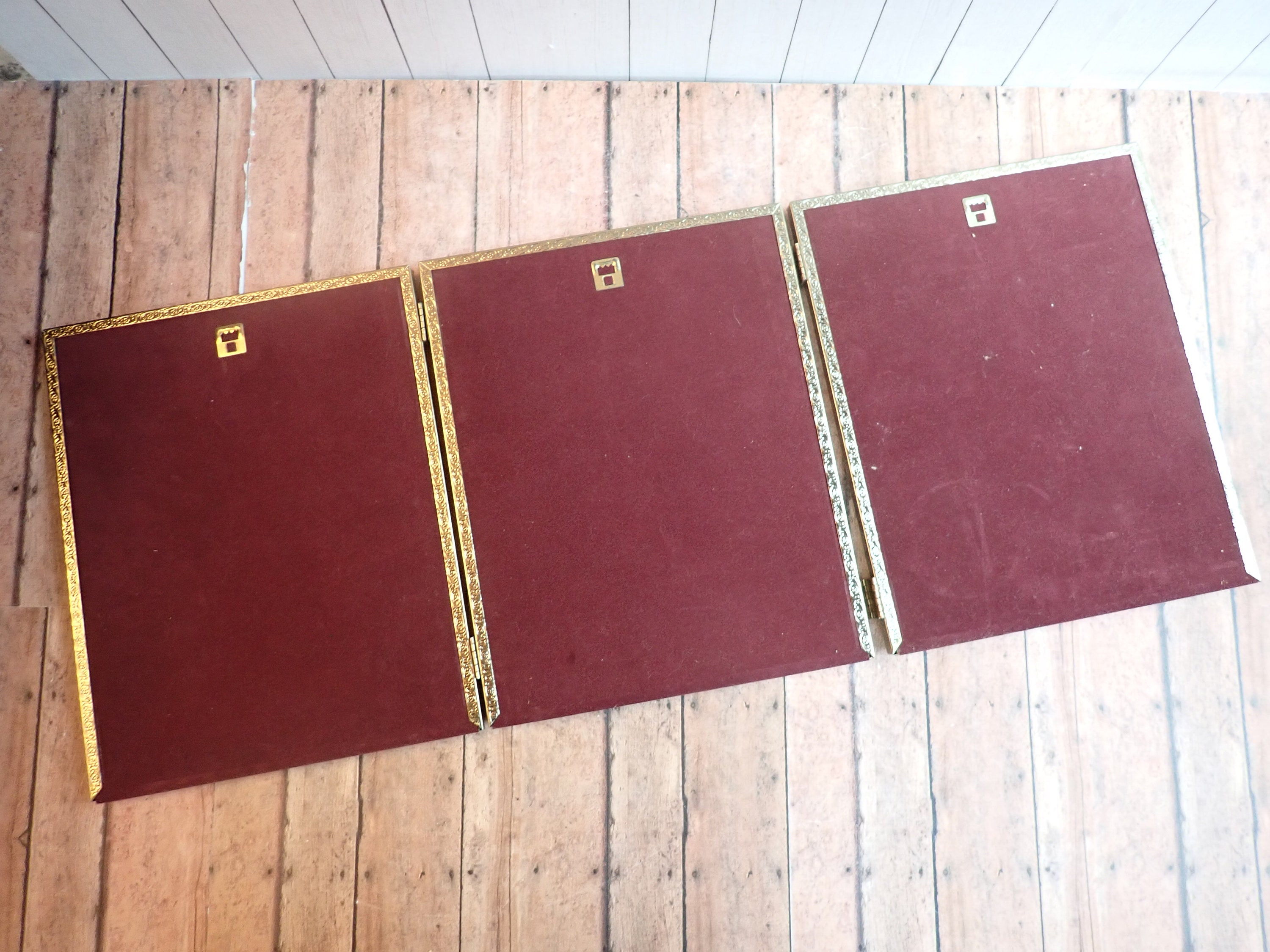 Vintage 8x10 Brass Gold Colored Metal Triple Hinged Three Part Photo Picture Frame 8 x 10 Tri