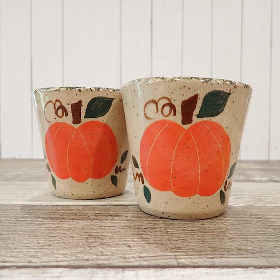 Vintage Three Rivers Pottery Votive or Tealight Candle Holder Set of 2 Fall Pumpkin Halloween Thanksgiving 1998