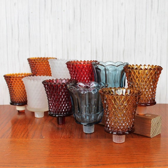 Vintage Colored Glass Votive Cups PAIRS YOU CHOOSE Patterned Votive Candle Holders with Peg Candlestick Amber Pink White Blue Red Green