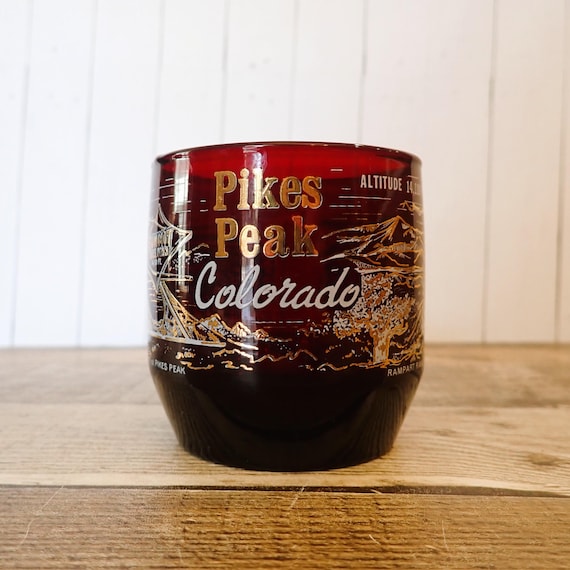 Vintage Pikes Peak Summit Colorado Red Glass Old Fashioned Glass Souvenir Cup