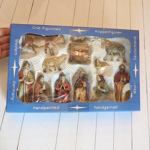 Vintage Friedel Bavaria West German Nativity Set of 12 Plastic Piece in Box Christmas Holiday Religious Decor