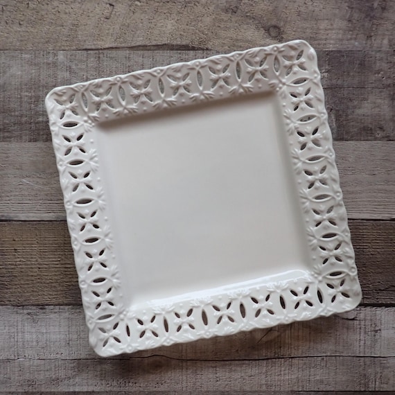 Vintage Godinger Regal Cream 10" Square White Ceramic Plate with Lattice Design Cookie Tray