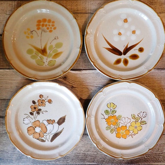 Vintage Mismatched Stoneware Salad Plate Set of 4 Mix and Match Plates Tan with Yellow Green Flower Designs 1970s