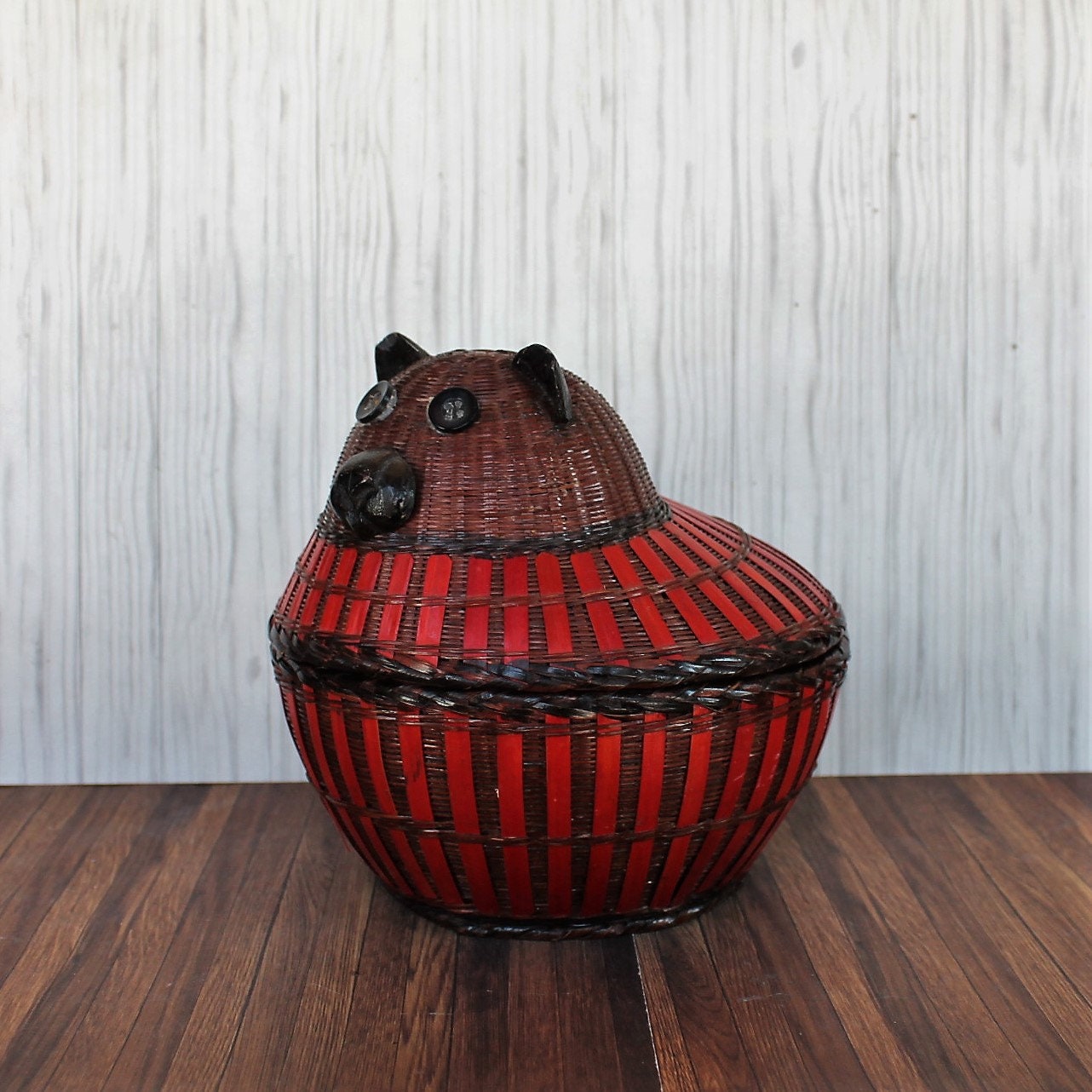 Vintage Woven Wicker Animal Bear Dog Basket Brown and Red Asian Basket