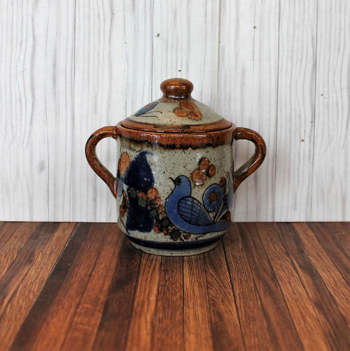 Vintage Tonala Pottery Sugar Bowl Dish with Lid Double Handle Blue Bird